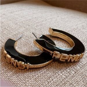 Fendi Black Enamel Hoop Earrings with Gold Logo Trim